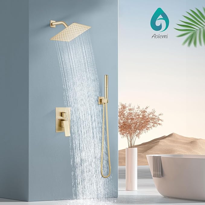 Aolemi Shower System with Rainfall Shower Head and Handheld Wall Mount,High Pressure Shower Faucet Set Fixture Combo with 2 in 1 Handheld Spray Rough-in Valve,8 Inch Shower Head Brushed Gold