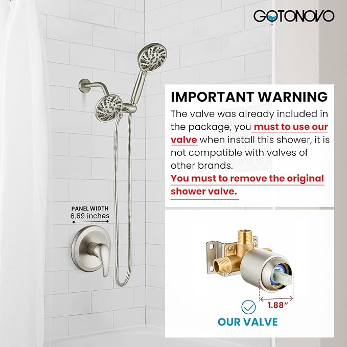 gotonovo Dual 2 in 1 Shower Head Kit High Pressure Combo System Shower Faucet 6 Modes ABS Handheld Spray Shower Trim Kit with Valve Shower Head and Handle Set Brushed Nickel