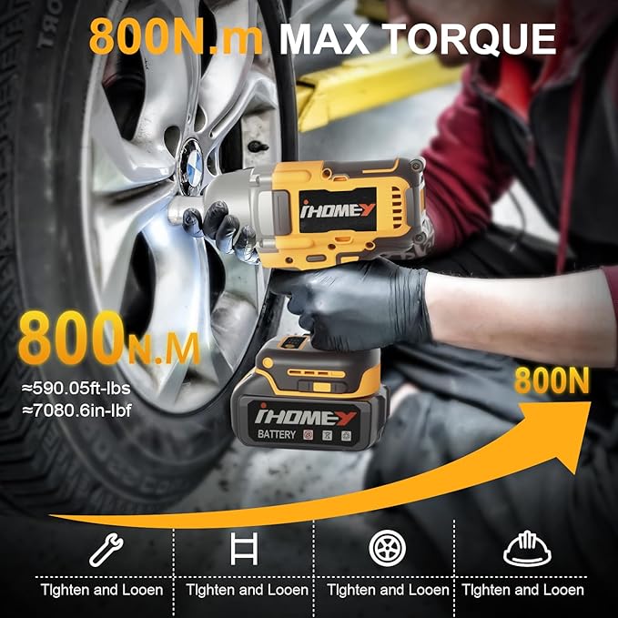 Cordless impact Wrenches - 590Ft-lbs (800N.m) Brushless 1/2 inch Impact Wrench, 3300RPM High Torque Impact Gun, 2 Battery, Charger & 5 Sockets, Power Impact Wrench for Car Home