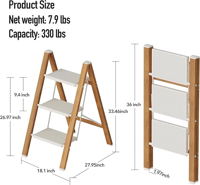 3 Step Lightweight Aluminum Folding Ladder, Portable Step Stool with Wide Anti-Slip Pedals, 330 lbs Capacity for Home,Cleaning Tasks(White&Woodgrain)