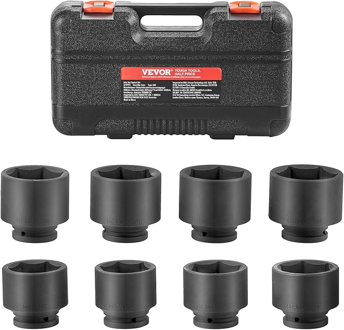 VEVOR Axle Nut Impact Socket Set - 3/4" Drive 6-Point 8-Piece SAE Spindle Nut Socket CR-MO Heat Treated Large Socket Set with Storage Case for Auto Repair, Removing or Installing Axle Nuts