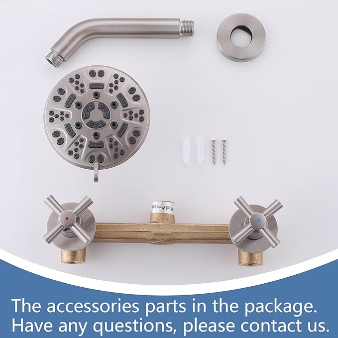 2 Handle Shower Faucet,Wall Mounted Two Handles Shower Faucet Set with 8 Modes Rainfall Shower Head,2 Knobs Single Function Shower Trim Kit with Rough-in Valve,Brushed Nickel