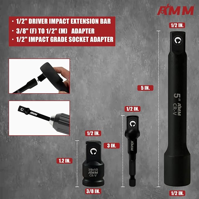 AMM 1/2" Drive Master Impact Socket Set, 24-Piece Shallow Standard SAE (7/16-Inch to 1-Inch) & Metric (13-24 mm) Sizes, Socket Assortment with Ratchet Handle,Cr-V Steel