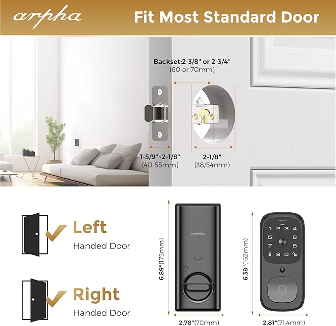 WiFi Smart Door Lock, 5-in-1 Fingerprint Keyless Entry Door Lock, Two-Way Audio, Dual Motion Sensors, App Remote Control, Keypad Code, IP65 Waterproof