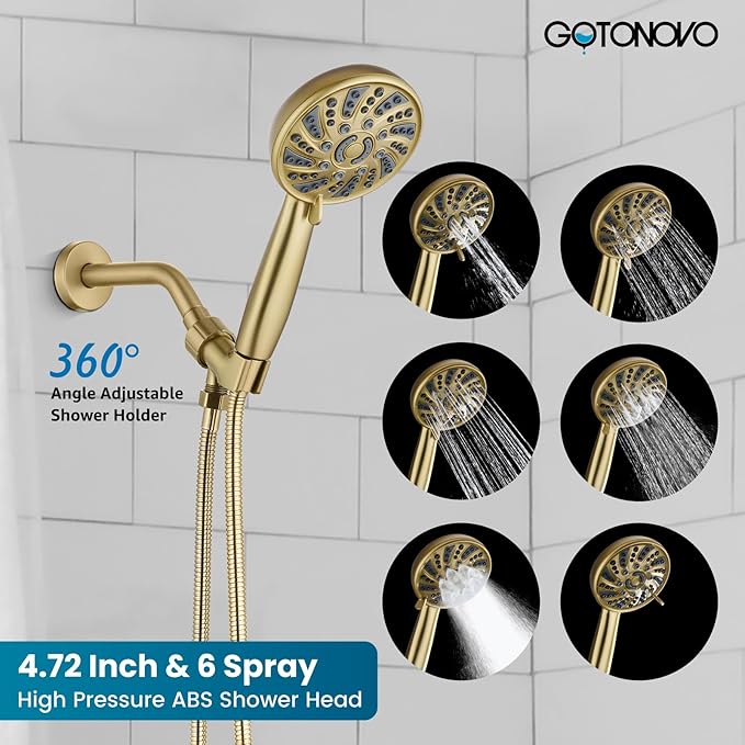 gotonovo Bathroom Shower Head Kit High Pressure Combo System Shower Faucet 6 Modes ABS Handheld Spray Shower Trim Kit Valve Included Shower Head and Handle Set Brushed Gold