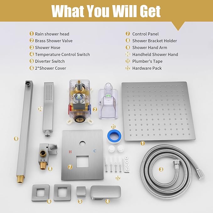 Rainfall Bathroom Shower System, 12-Inch Rain Shower Head and Handle Set, Wall Mounted Dual Shower Combo, All Metal Decorative Shower Luxury Kit Nickel-plated (with Shower Valve)