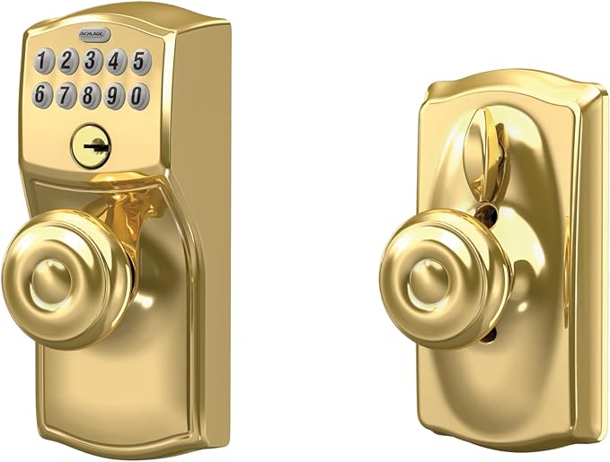 SCHLAGE FE595 CAM 505 GEO Camelot Keypad Entry with Flex-Lock and Georgian Style Knobs, Bright Brass, Georgian Knob