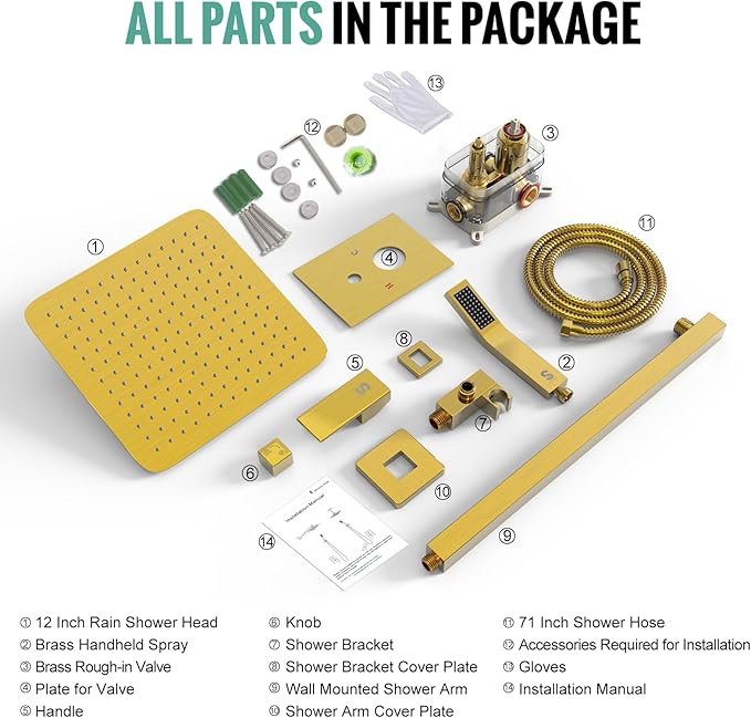 SR SUN RISE 12 Inches Bathroom Luxury Rain Mixer Shower Combo Set Wall Mounted Rainfall Shower Head System Brushed Nickel Finish Shower Faucet Rough-In (12 Inch, Brushed Gold)