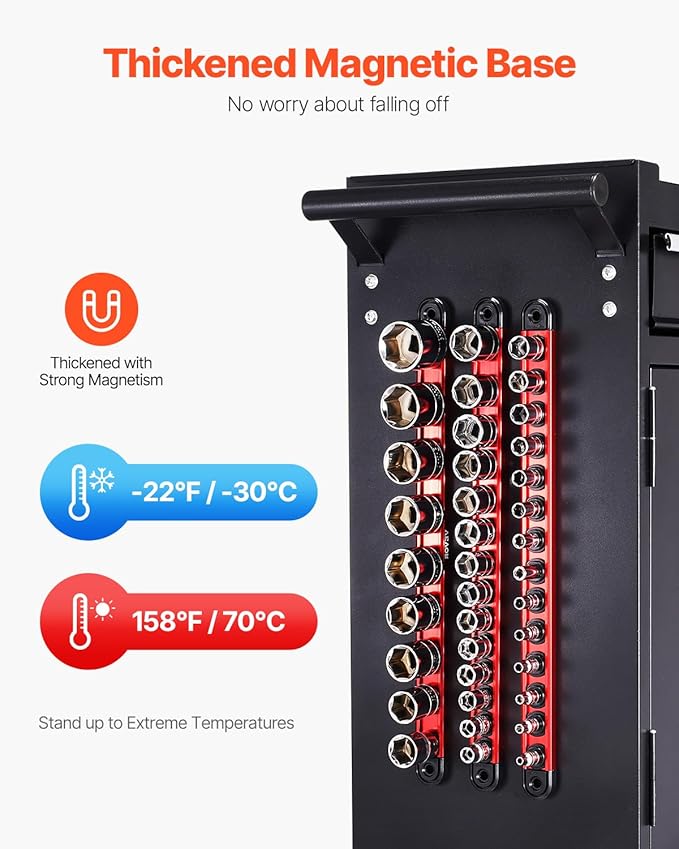 VEVOR Socket Organizer Rail Set, 3PCS Metric & SAE Aluminum Socket Organizers, 1/4'', 3/8'' & 1/2'' Heavy-Duty Socket Holder with 360° Rotating Clips for Tool Box, Hold up to 40 Sockets, Red & Black