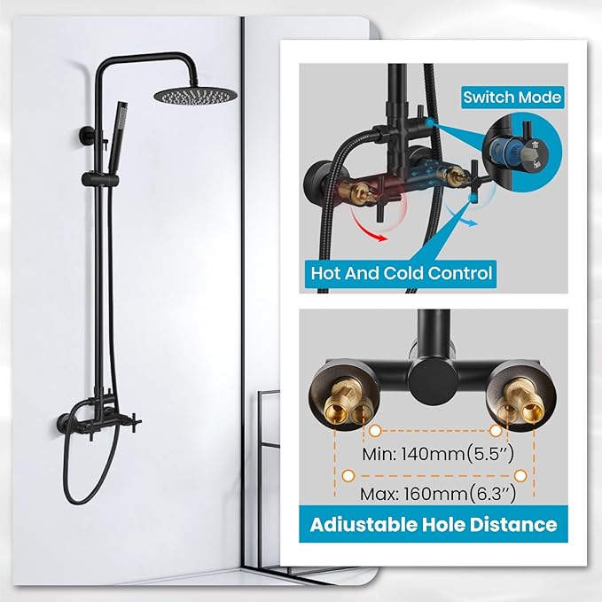 gotonovo Outdoor Shower Fixtures SUS304 Stainless Steel Rain Shower Kit Faucet High Pressure Wall Mount 2 Dual Function 8 Inch Showerhead and Handheld Spray Combo, Double Cross Handle, Matte Black