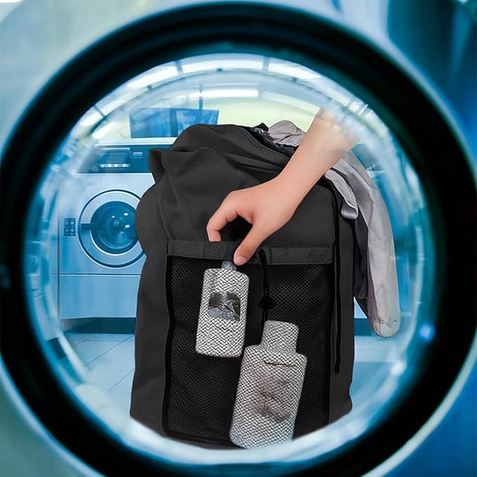 Laundry Bag Backpack, Large Travel Laundry Bags with Shoulder Straps & Mesh Pocket Durable Polyster Clothes Hamper Bag for College Laundromat Apartment (Black, Large)