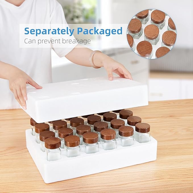 Yangbaga 34Pcs Glass Spice Jars with Labels-4oz Acacia Wood Lid Square Spice Containers with Pepper Grinder Lids &Funnel,Seasoning Jars for Rack Cabinet Drawer