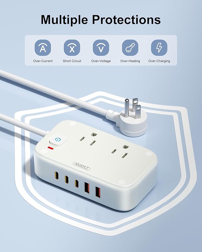 Power Strip with USB C - 40W Charging Station with 2 Outlets 3 USB C & 2 USB A - Charger for Multiple Devices, 5Ft Flat Plug Extension Cord for Travel Cruise Ship Office Dorm (White)