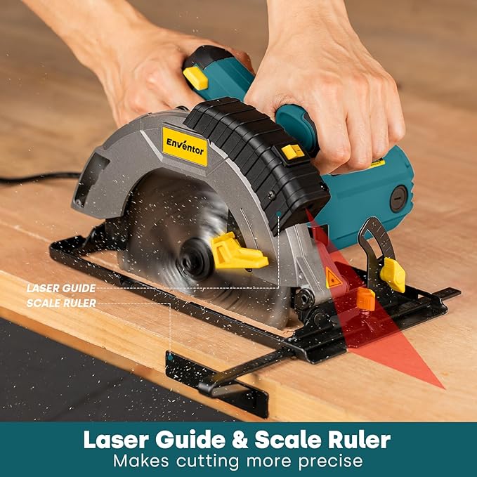 Enventor Circular Saw Corded, 14A Electric Circular Saws 7-1/4-Inch with Laser Guide, 2 Blade Saws (40T/24T), Max Cutting Depth 2-7/16"(90°), 1-13/16"(0°-45°), Single Handed Bevel, 5500RPM, Blue