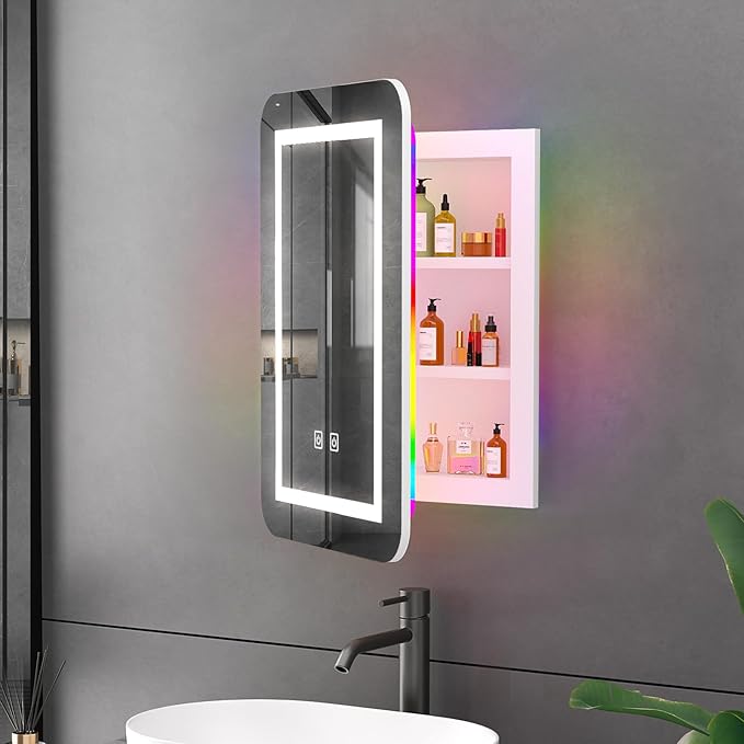 Recessed Medicine Cabinets for Bathroom Medicine Cabinet with Mirror,RGB LED Medicine Cabinet with Lights,3-Color Lighted Medicine Cabinets Wall Mounted,Bathroom Mirror with Storage 16x24