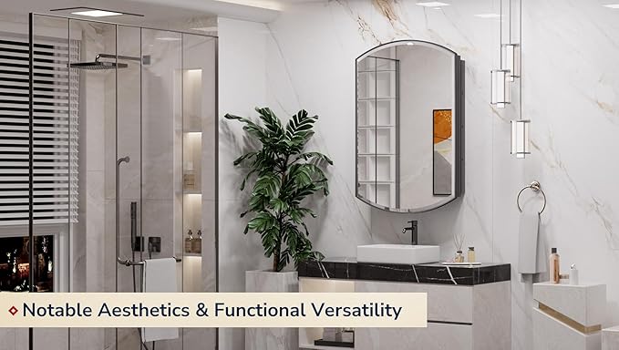 Keonjinn 24” x 36” Medicine Cabinet Mirror, Surface Mount or Recessed Medicine Cabinet with Beveled Mirror, Modern Bathroom Mirror with Storage, Black Metal Framed Wall Mirror Cabinet