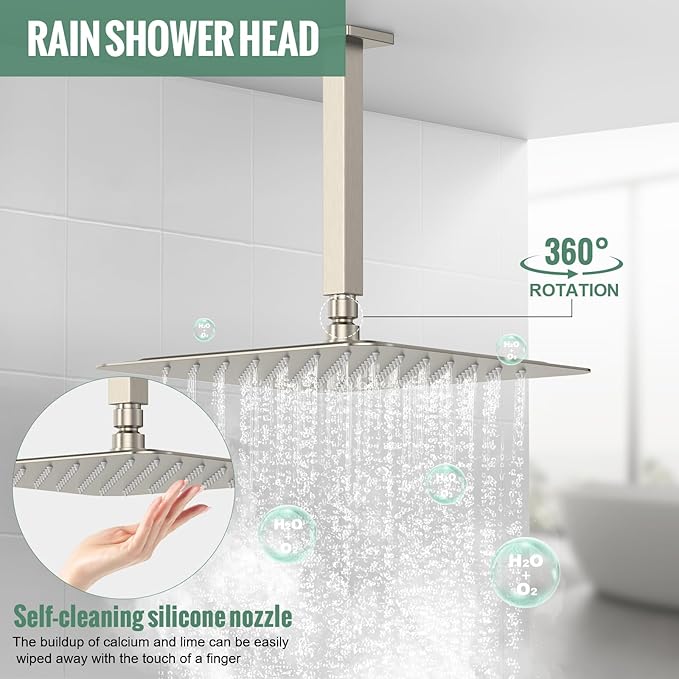 SunCleanse Rainfall Shower System Brushed Nickel Ceiling Mounted Shower System Combo Set with High Pressure 12 Inches Square Rain Shower Head Handheld and Shower Faucet Rough-in Mixer Valve and Trim