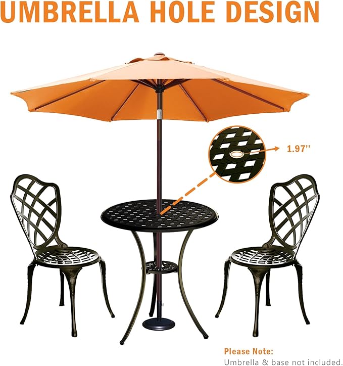 3 Piece Patio Bistro Set, Outdoor Bistro Table and Chairs Set of 2 w/Umbrella Hole, Rust-Resistant Cast Aluminum Bistro Set for Garden/Balcony/Backyard, Golden Bronze