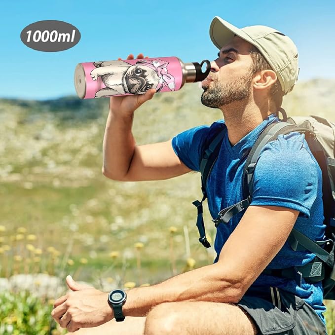 Blueangle 20 OZ Pink Headband Pug Water Bottle with Straw, Sports Water Bottle BPA Free Stainless Steel Water Jugs for Gym, Kitchen, Working, Outdoor