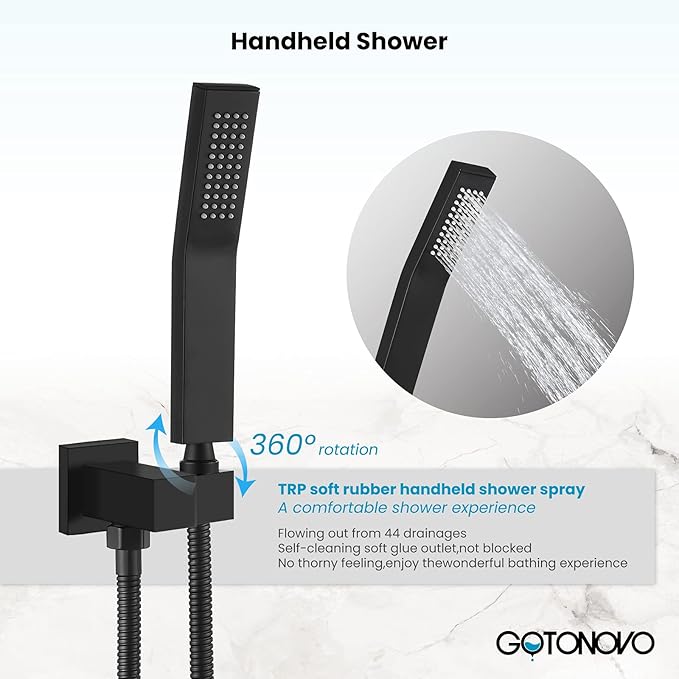 gotonovo Rain Shower Faucet System Set Rainfall Shower Head with Handheld Sprayer Waterfall Tub Spout Wall Mounted Mixer Combo Rough-in Valve and Trim Included 12 Inch Showerhead Matte Black