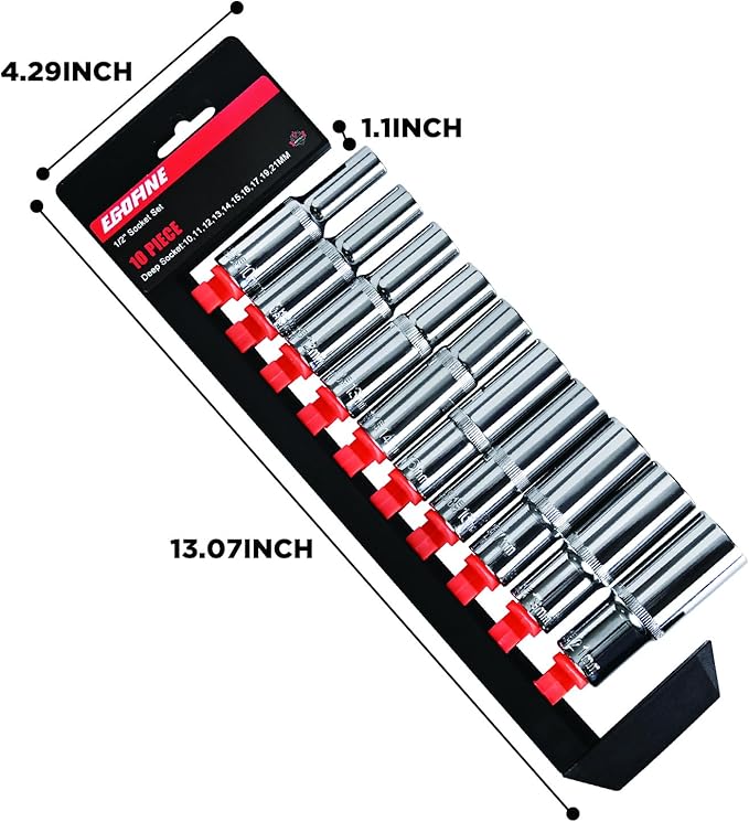 Egofine 10PCS 1/2” Drive Deep Socket Set,Metric Socket Set(10mm-21mm,6 Point Socket Set With Hanging Bracket,Cr-V Steel