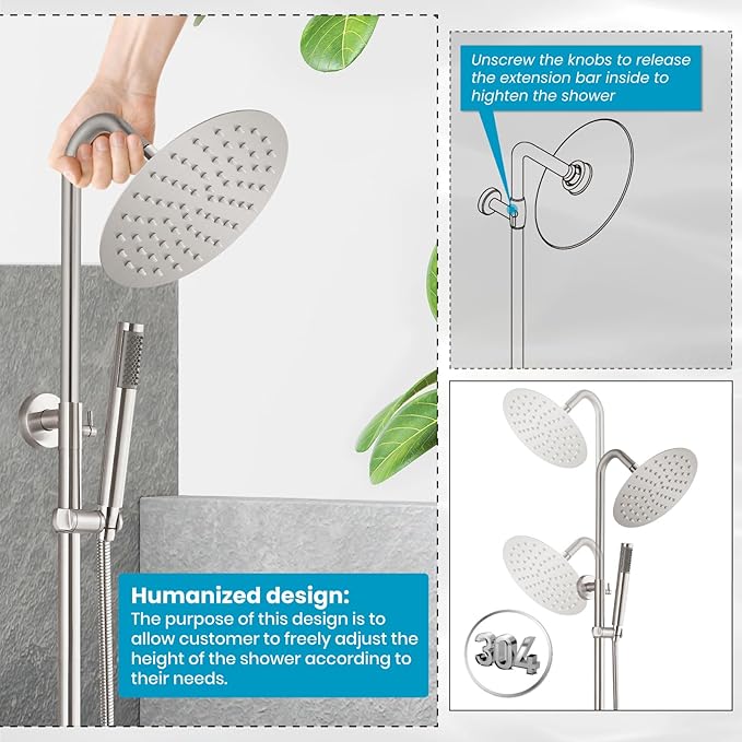 gotonovo SUS304 Outdoor Shower Fixture High Pressure Shower System Wall Mount 2 Dual Function Single Handle Shower Kit with 8 Inch Shower Head and Handheld Spray Shower Faucet Combo, Brushed Nickel