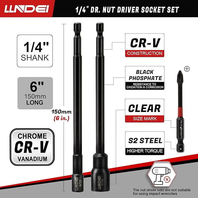 LLNDEI 1/4" Drive Socket Set & Nut Driver Set 38PCS,1/4-Inch Sockets Deep&Shallow SAE 5/32" to 9/16"? with Ratchet, Hex Shank 6" Long Nut Drivers(1/4" to 9/16") for Drill Bits(PH1 PH2)