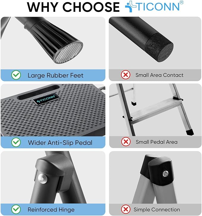 TICONN 4 Step Ladder, Heavy Duty Foldable Step Stool, Portable Steel Folding Stool for Household Garage Storage (Black)