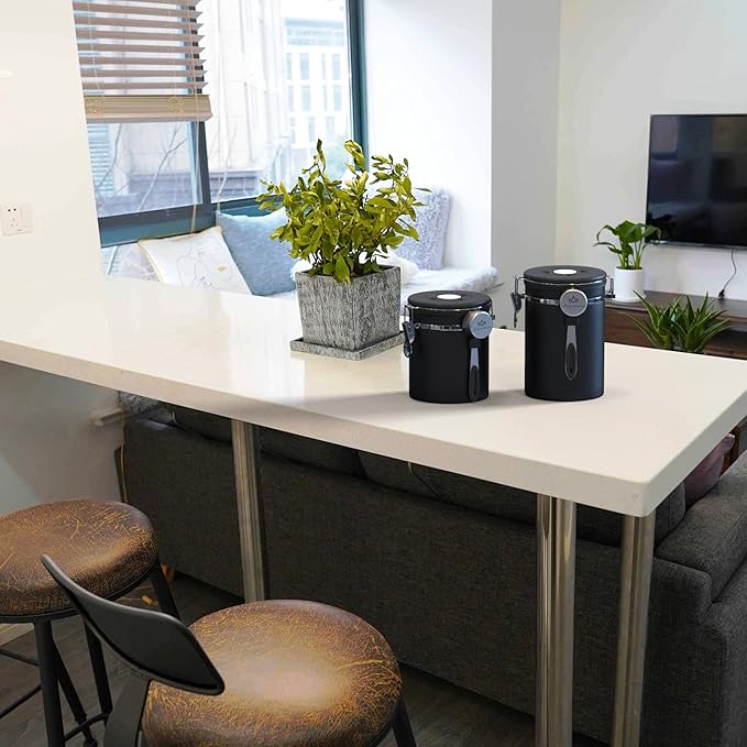 Coffee canister for ground coffee with Scoop Date Tracker One Way Co2 Valve 304 Stainless Steel Kitchen Food Airtight storage container for Coffee Beans,Grounds,Tea,Sugar (Silver, 16oz)