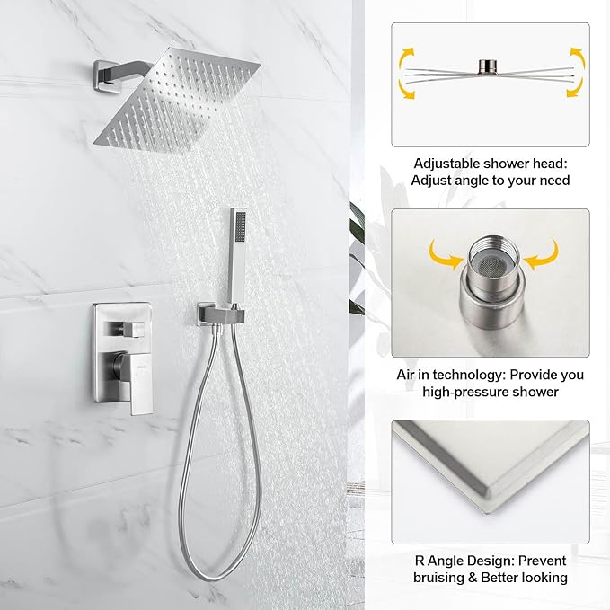 Rain Shower System with Handheld Shower, 10 Inch Wall Mounted Shower Faucet Set Bathroom Luxury Rain Mixer Shower Combo Set Rough-in Valve and Trim Kit, Brushed Nickel