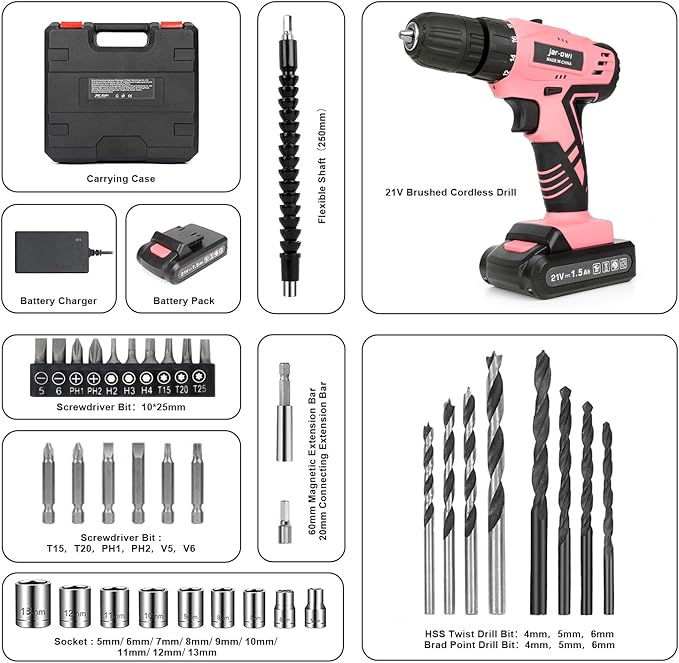 Jar-Owl 21V Pink Cordless Drill Set for Women,350 in-lb Torque, 0-1350RMP Variable Speed, 10MM 3/8'' Keyless Chuck, 18+1 Clutch, 1.5Ah Li-Ion Battery & Charger for Home DIY and Repair - Black & Pink