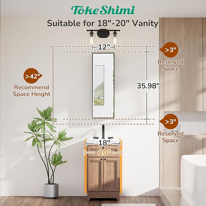 TokeShimi 12x36 Recessed Medicine Cabinet with Mirror Surface Mount, Aluminum Framed Metal Black Medicine Cabinet Mirrored, Bathroom Beveled Mirror with Storage Adjustable