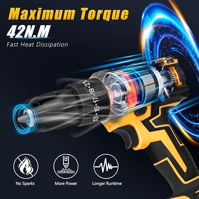 Cordless Drill Set 21V, Electric Screwdriver with 2 Batteries 2000mAh, 25+3 Torque Cordless Hammer Drill, 2-Speed, 42N.m Max, LED Work Light