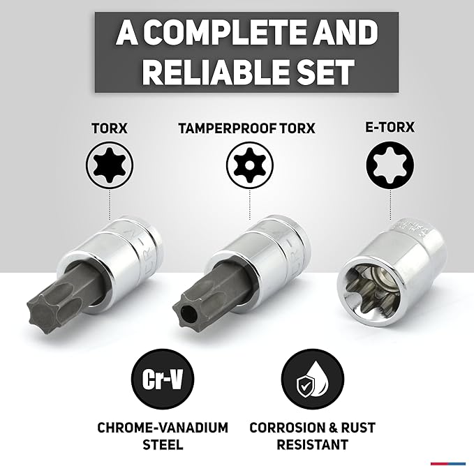 Neiko 10070A Torx Bit Socket and E-Torx Star Socket Set | 35-Piece Set, S2 and Cr-V Steel, 1/4”, 3/8” and 1/2-Inch Drive