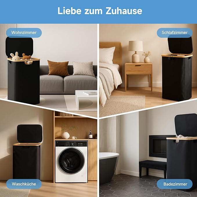 145L Double Laundry Basket with Lid, 2 Section Dirty Clothes Hamper with 2 Removable Bags for Bedroom, Bathroom, Dorm, Black