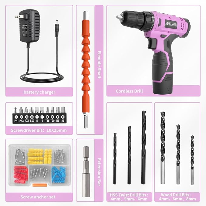 Cordless Drill Set, 12V Power Drill Set with Battery and Charger, 3/8'' Keyless Chuck, 21+1 Torque Setting, 180 inch-lbs, Pink Electric Drill for Women's Garden DIY Projects(Pink)