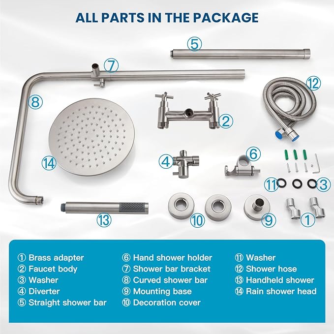 gotonovo Outdoor Shower Fixtures SUS304 Stainless Steel Rain Shower Kit Faucet High Pressure Wall Mount 2 Dual Function 8 Inch Showerhead and Handheld Spray Combo, Double Cross Handle, Brushed Nickel