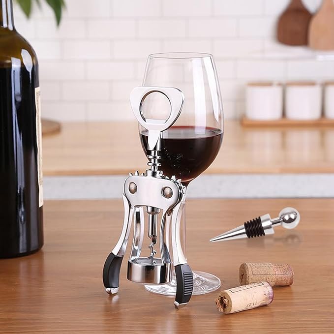 Wine Opener, Zinc Alloy Premium Wine Bottle Opener Wing Corkscrew Heavy Duty, Manual Multifunctional Cork Screw for Waiter, Silver