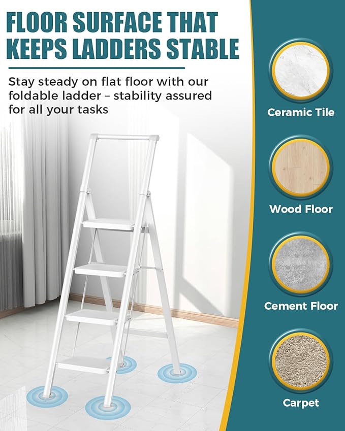 GORWARE 4 Step Ladder, Foldable Step Stools 330lbs Lightweight Sturdy Steel Ladder, Portable Folding Stepladder for Home Kitchen Office Garden, White