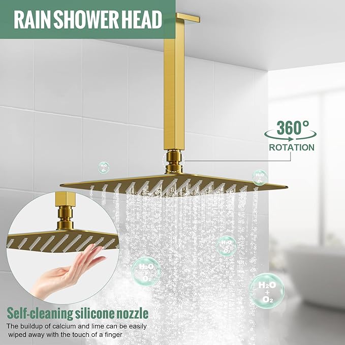 SunCleanse Rainfall Shower Faucet Set Brushed Gold Shower Combo Set for Bathroom with High Pressure 10 inch Shower Head with Handheld Shower Valves Shower Head and Handheld Ceiling Mounted