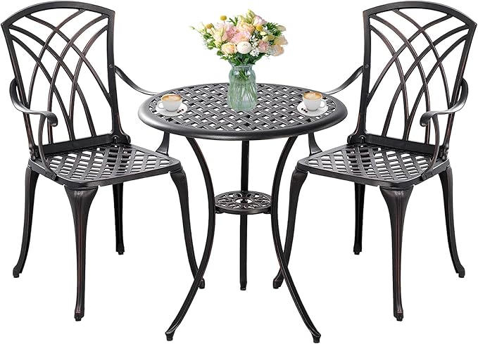 3 Piece Bistro Patio Set Cast Alumiunm Patio Furniture Set,All Weather Bistro Table and Chairs Set of 2 with 1.97" Umbrella Hole,Outdoor Patio Bistro Sets for Garden(Antique Bronze)