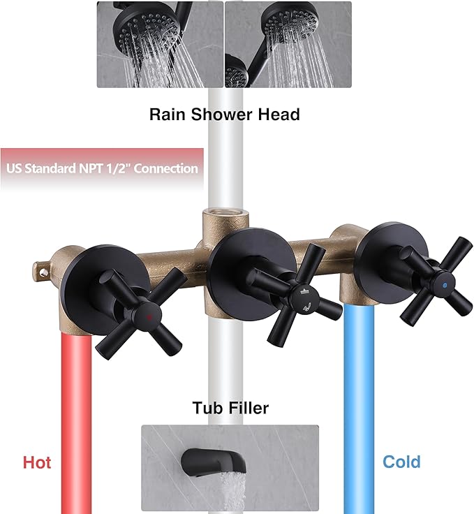 3 Handle Tub Shower Faucet Matte Black Bathtub Shower Faucet Set With Tub Spout, Tub and Shower Trim Kit with Valve