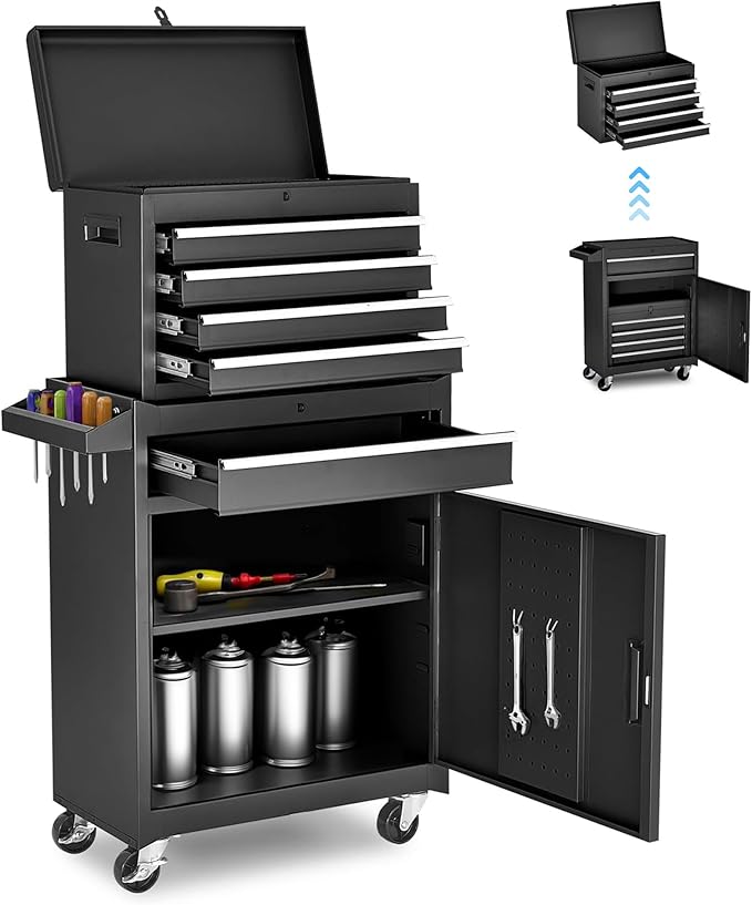 Tool Chest 5 Drawers Garage Storage Cabinet 2 in 1 Steel Frame Tool Chest with Wheels, Protective Liner, Detachable Top and Adjustable Shelf, Tool Box for Garage Workshop, Black