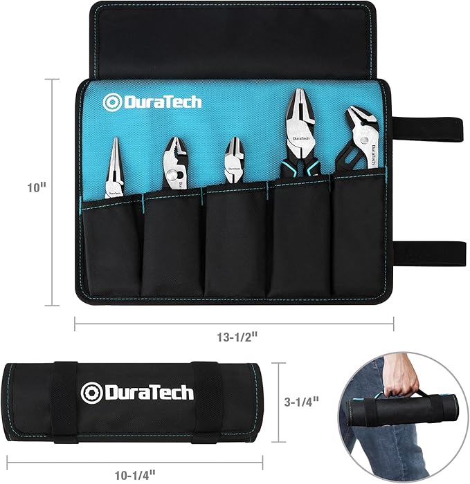 DURATECH 5-Piece Cr-Ni Pliers Set, 6" Long Nose, Slip Joint, Diagonal Cutting, 8" Linesman, Groove Joint Pliers, Easy Storage Oxford Rolling Pouch