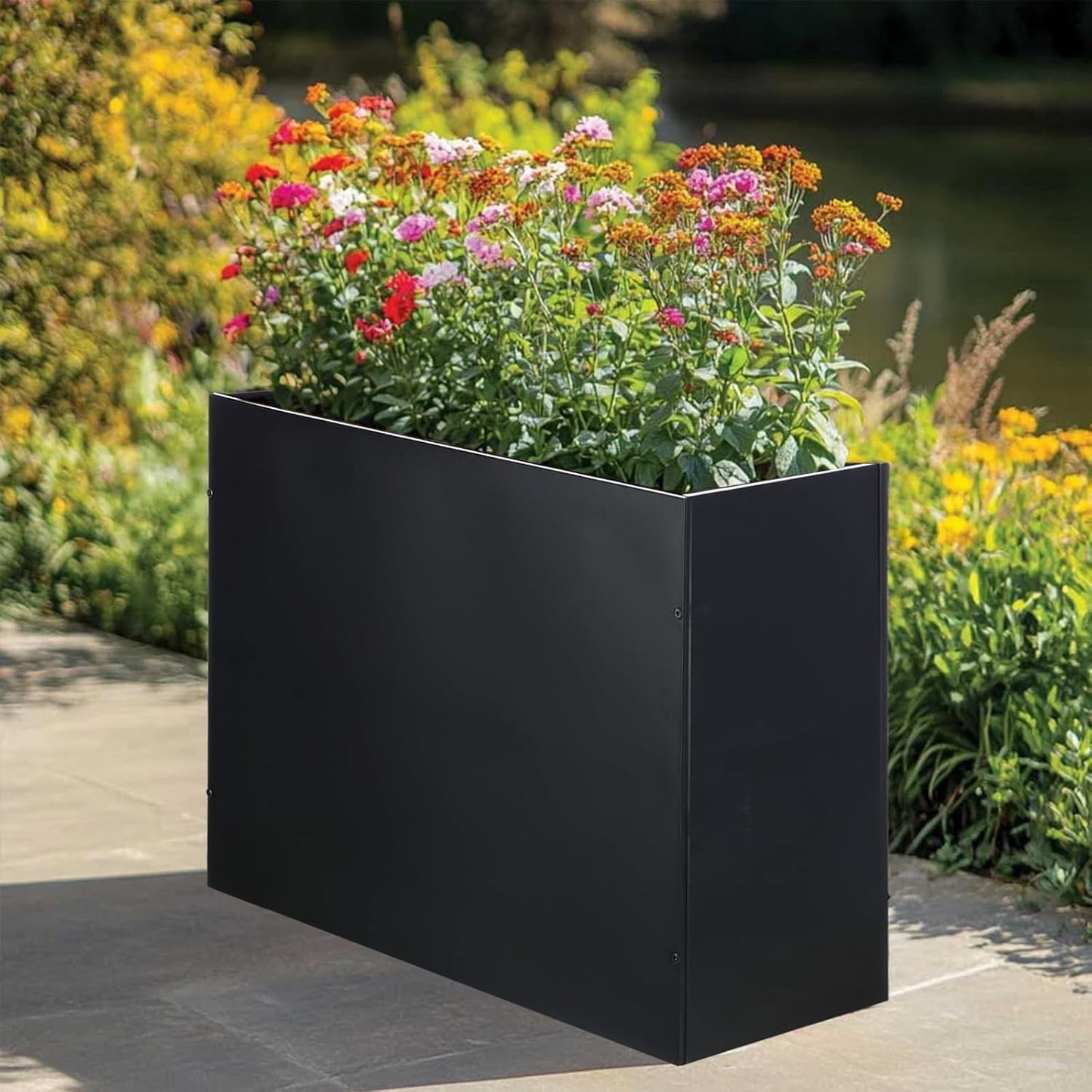 Metal Rectangular Planter Box Tall Planters for Outdoor Plants Modern Heavy Duty with Drainage Holes for Outside Indoor Patio Deck - Black, 32”x 12”x 24”