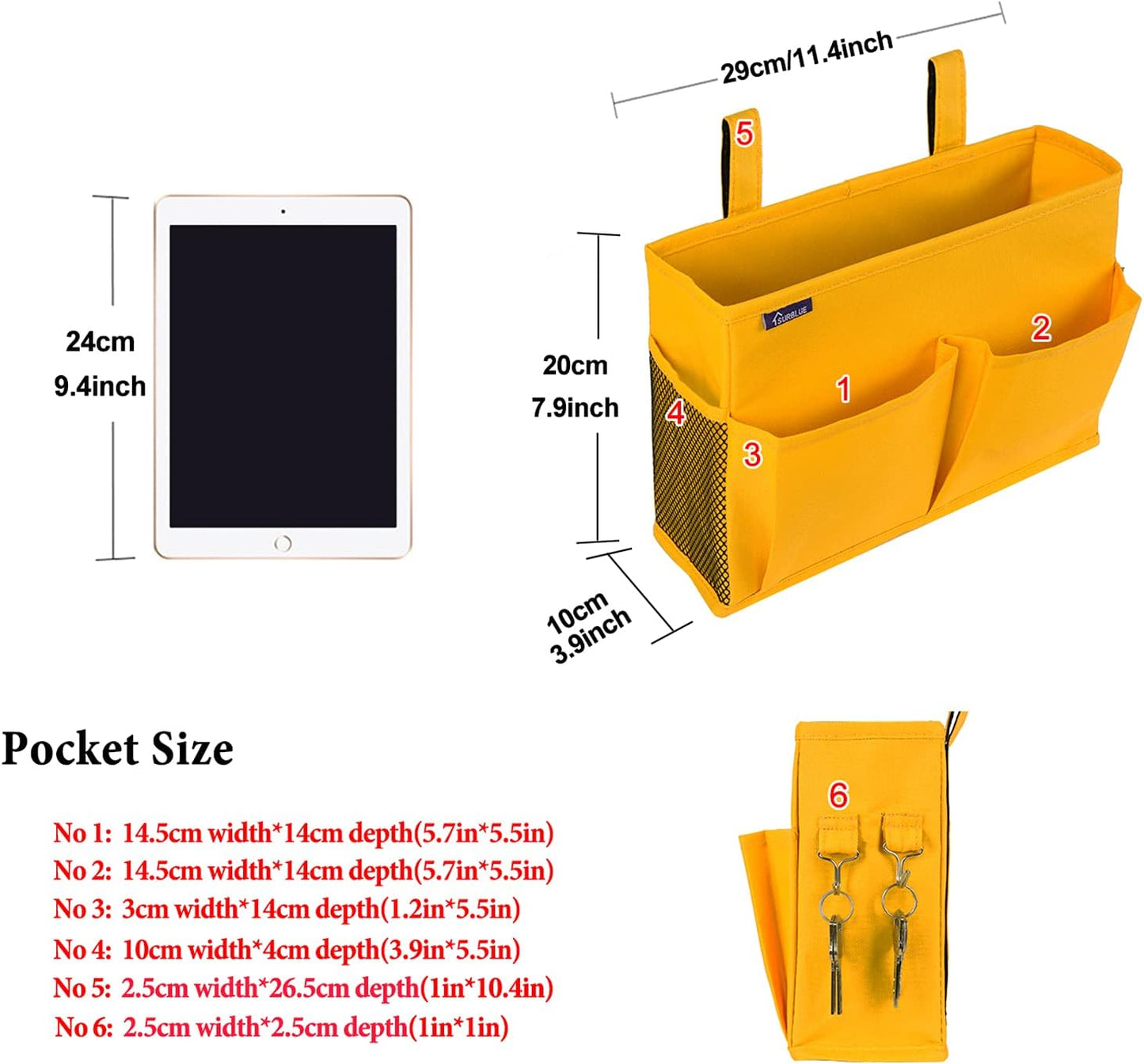 Surblue Bedside Caddy Hanging Bed Organizer Storage Bag Pocket for Bunk and Hospital Beds, College Dorm Rooms Baby Bed Rails, Camp 4 Pockets and 2 Hooks (Small, Yellow)