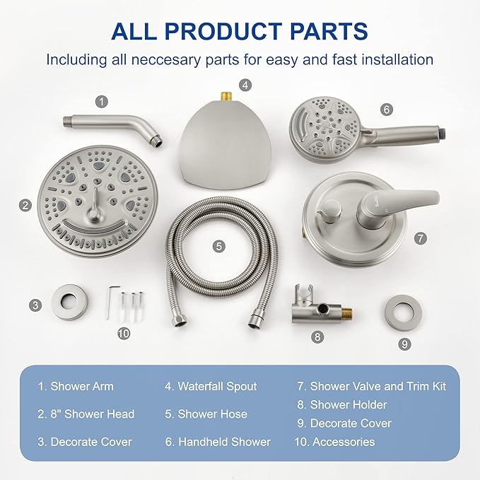 SHAMANDA Luxury Tub Shower Faucet Set with Round-in Valve, Wall Mounted Shower System with Waterfall Tub Spout and 6-Setting Rain Shower Head with 9-Setting Handheld, Brushed Nickel, L8083-2