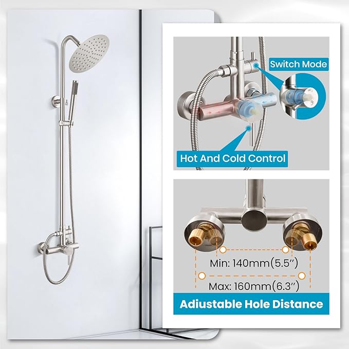 gotonovo SUS304 Outdoor Shower Fixture High Pressure Shower System Wall Mount 2 Dual Function Single Handle Shower Kit with 8 Inch Shower Head and Handheld Spray Shower Faucet Combo, Brushed Nickel