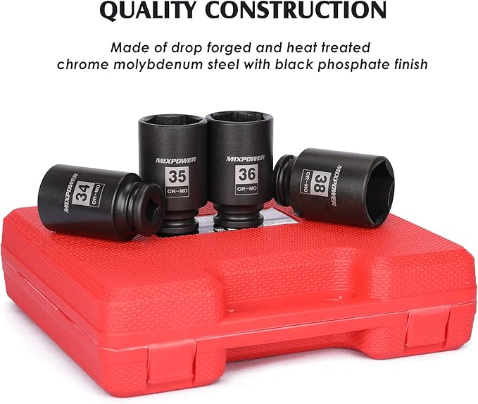 MIXPOWER 1/2- Inch Drive Deep Impact Socket Set, 6 Point, CR-MO, Metric, 29mm-38mm, 9-Piece 1/2" Dr. Deep Spindle Axle Nut Impact Socket Set