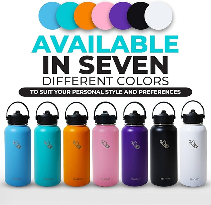 Sports Water Bottle - 32 Oz, Includes 50 Cute Flask Stickers, 3 Lids (With straw), Vacuum Insulated, 308 Stainless Steel, with a Portion of Sales Supporting Bee Conservation | White